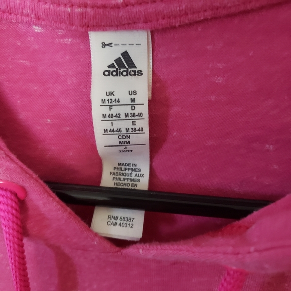 Womens Adidas Pink Hooded Long Sleeve T Shirt Front pocket Adidas logo on sleeve - Picture 4 of 8